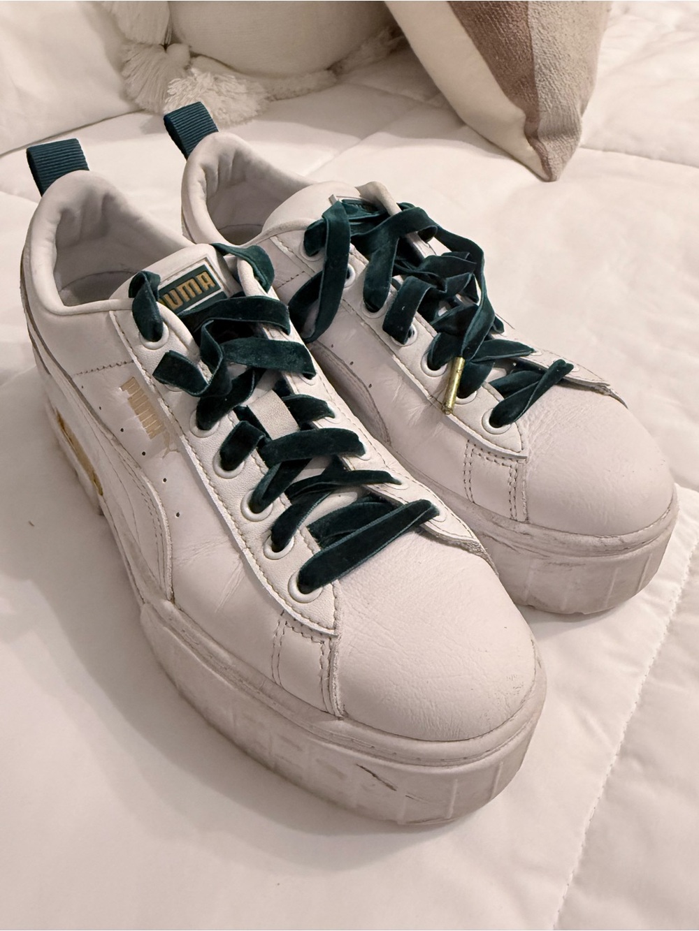 Puma mayze heritage White Platform Sneakers with Dark Green Velvet Laces